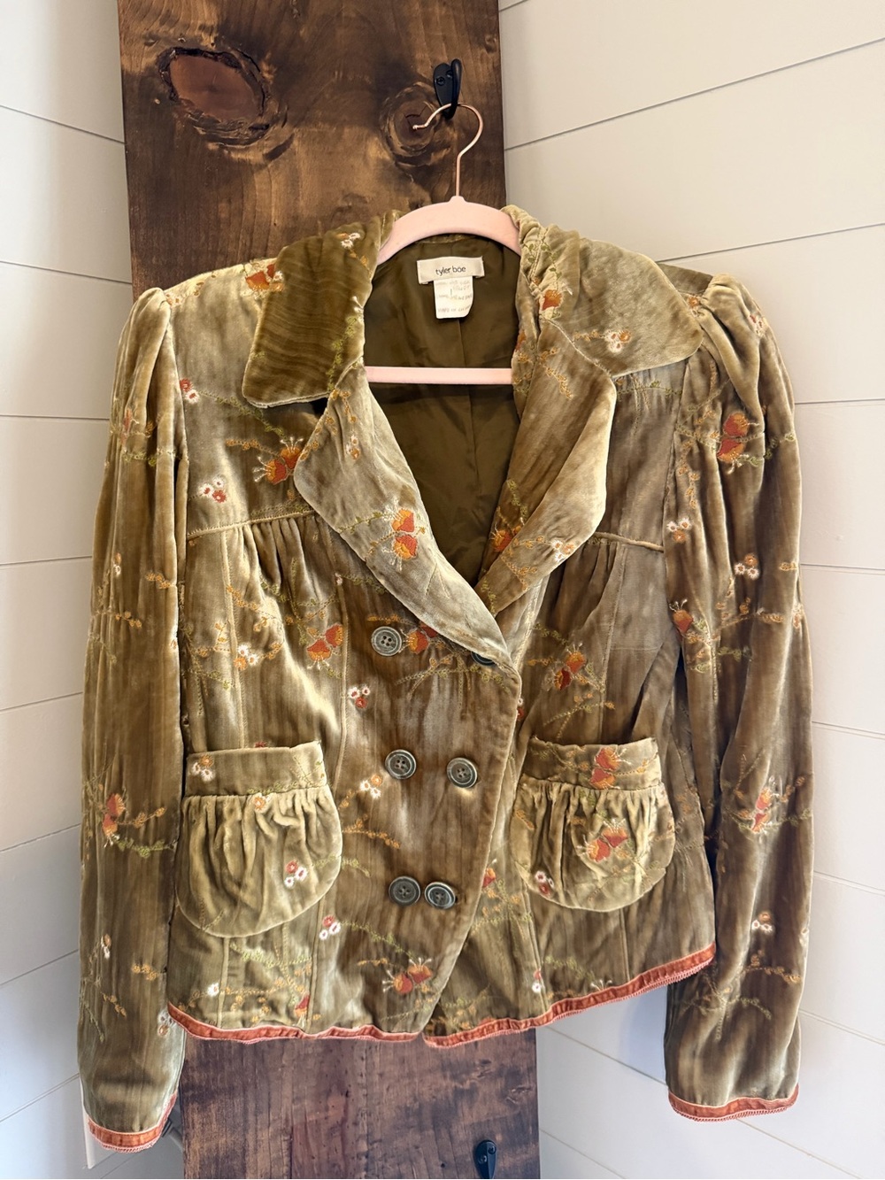 Tyler Boe Olive Velvet Floral Double-Breasted Blazer
